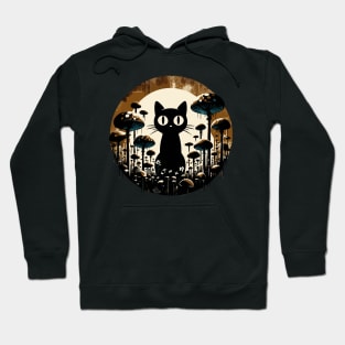 Funny Retro Black Cat in Mushroom Garden Hoodie